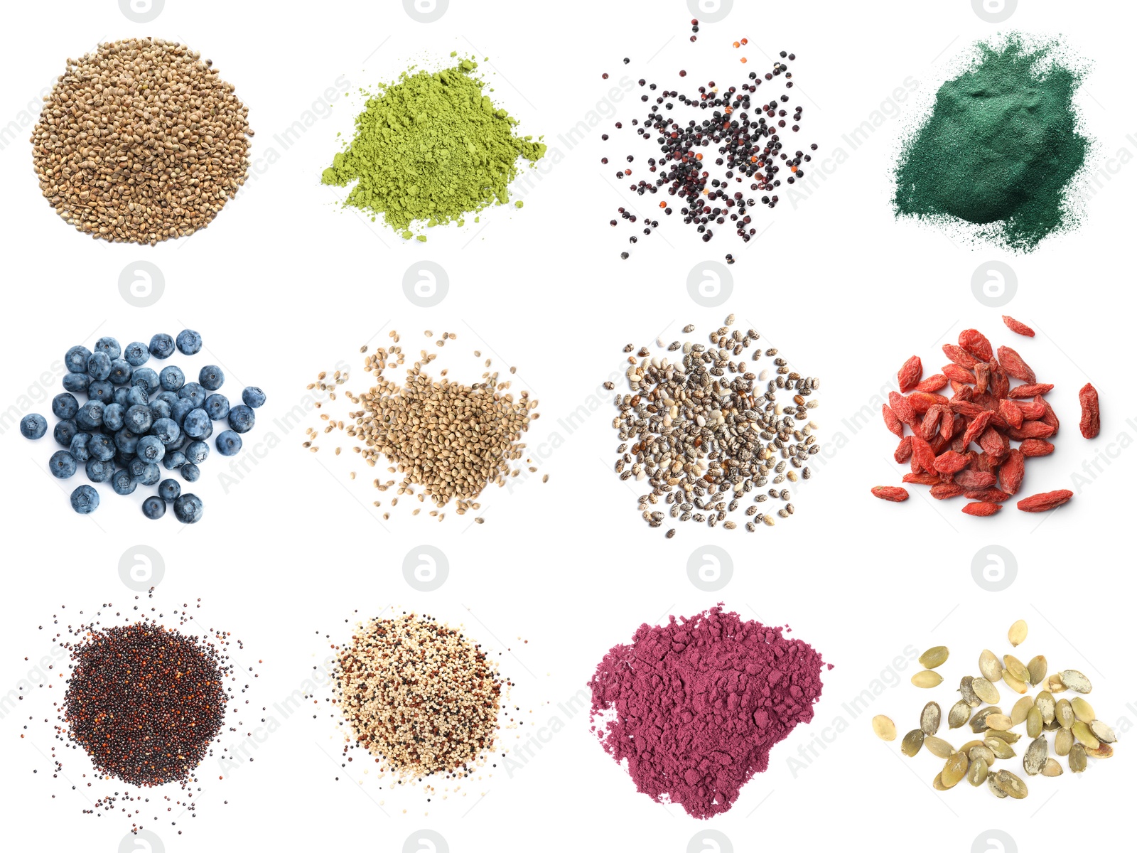 Image of Set of different superfoods on white background, top view