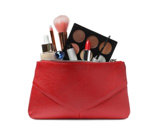 Stylish red cosmetic bag with makeup products on white background