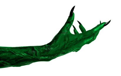 Image of Creepy monster. Green hand with claws isolated on white