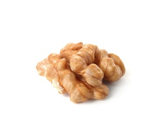 Photo of Half of tasty walnut on white background