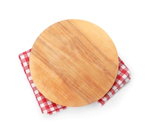 Wooden board on white background, top view. Kitchen utensil