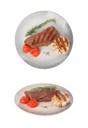 Image of Delicious grilled beef steak with tomato and spices, top and side views