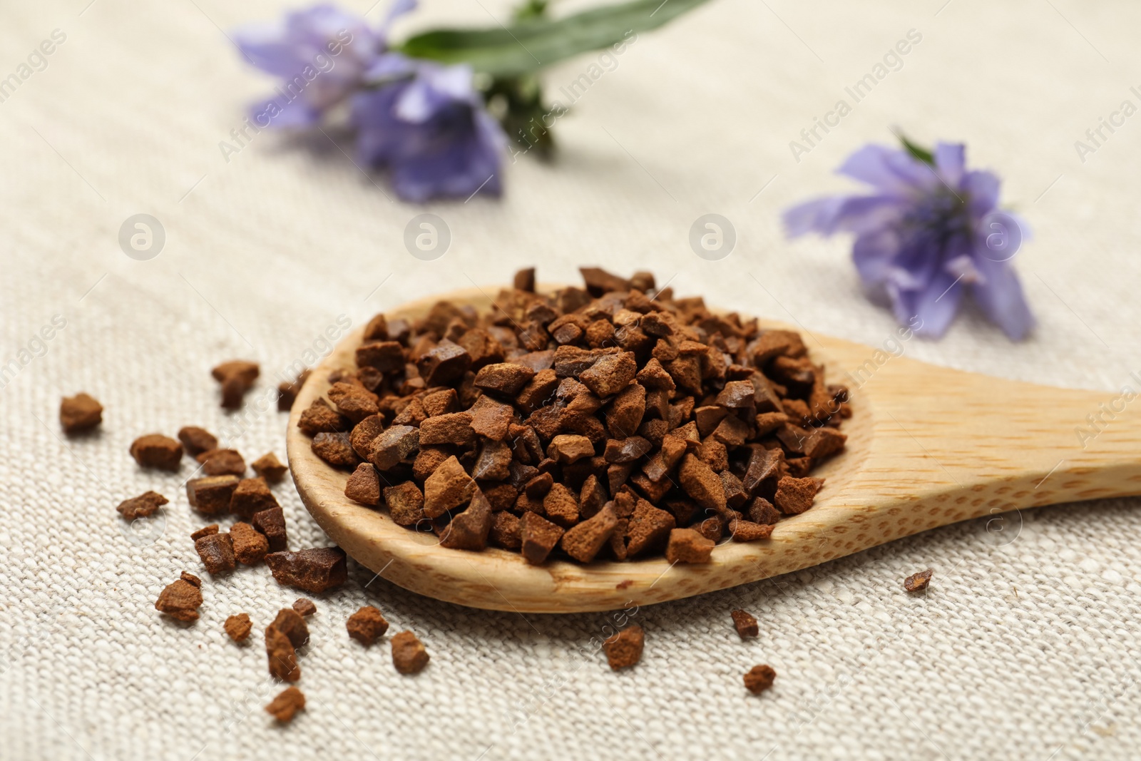 Photo of Wooden spoon of chicory granules on sackcloth, closeup