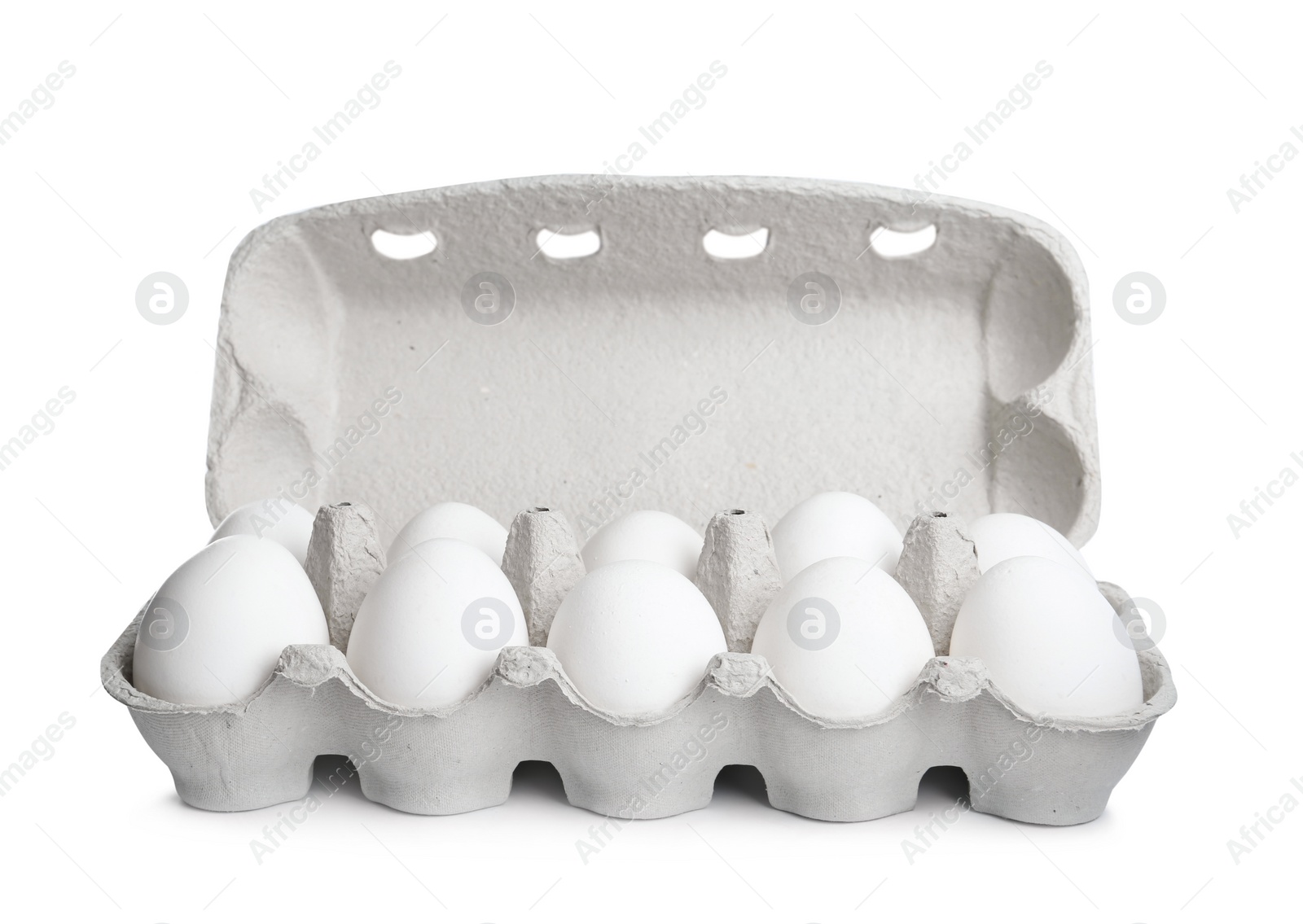 Photo of Box with chicken eggs isolated on white