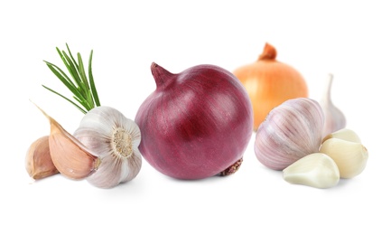 Image of Mix of fresh garlic and onions on white background