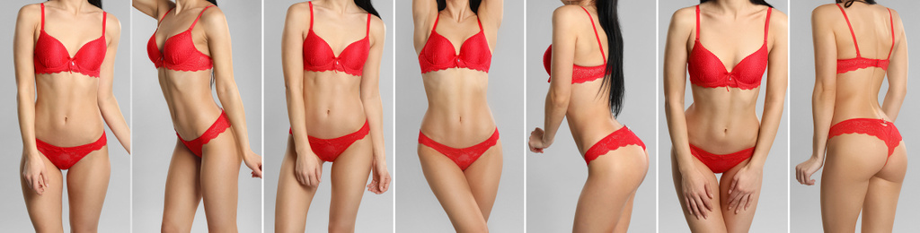 Collage of young woman in red underwear on grey background, closeup. Banner design 
