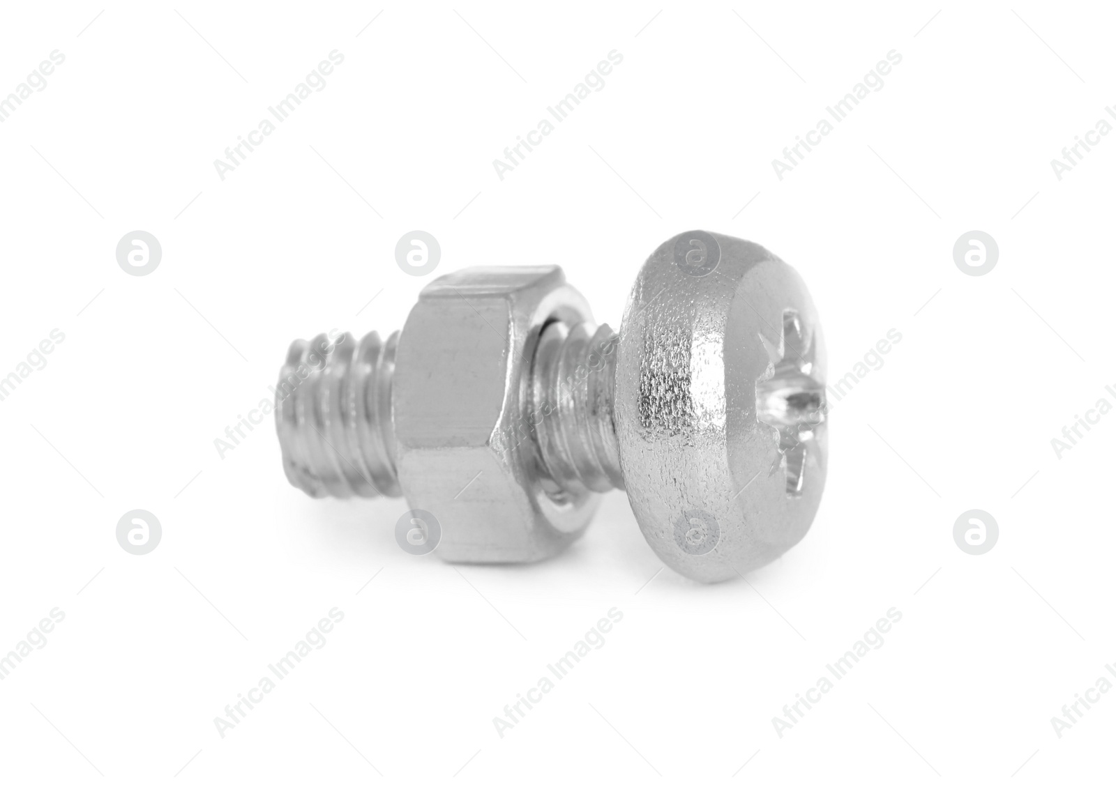 Photo of Small metal bolt with hex nut isolated on white