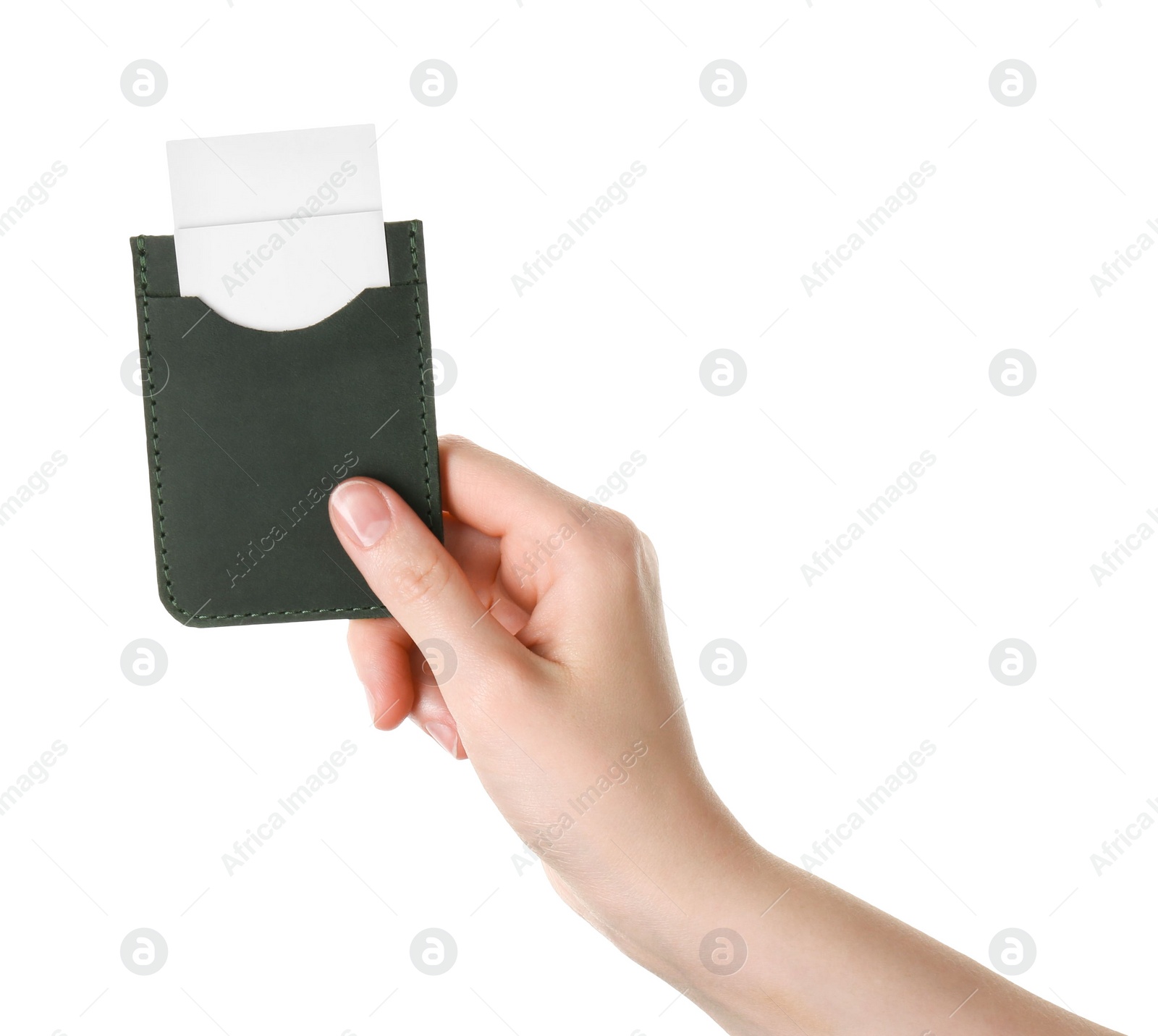 Photo of Woman holding leather business card holder with cards on white background, closeup