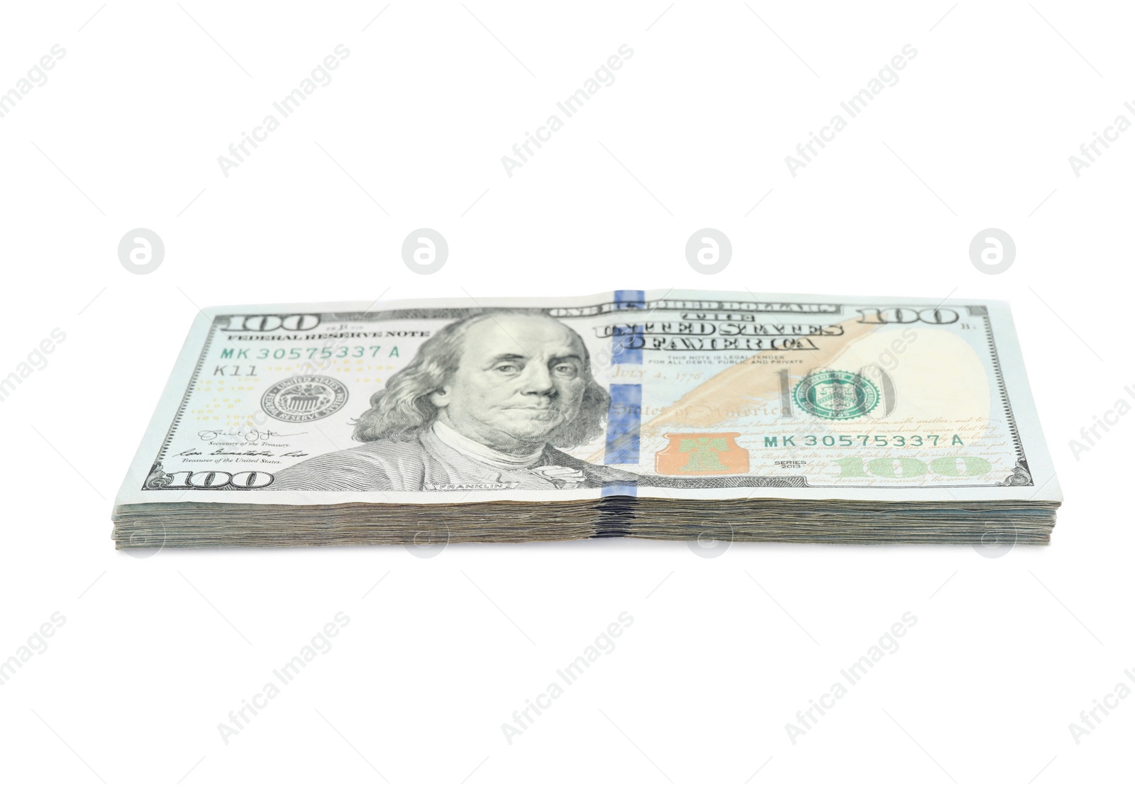 Photo of Stack of dollar banknotes on white background. American national currency