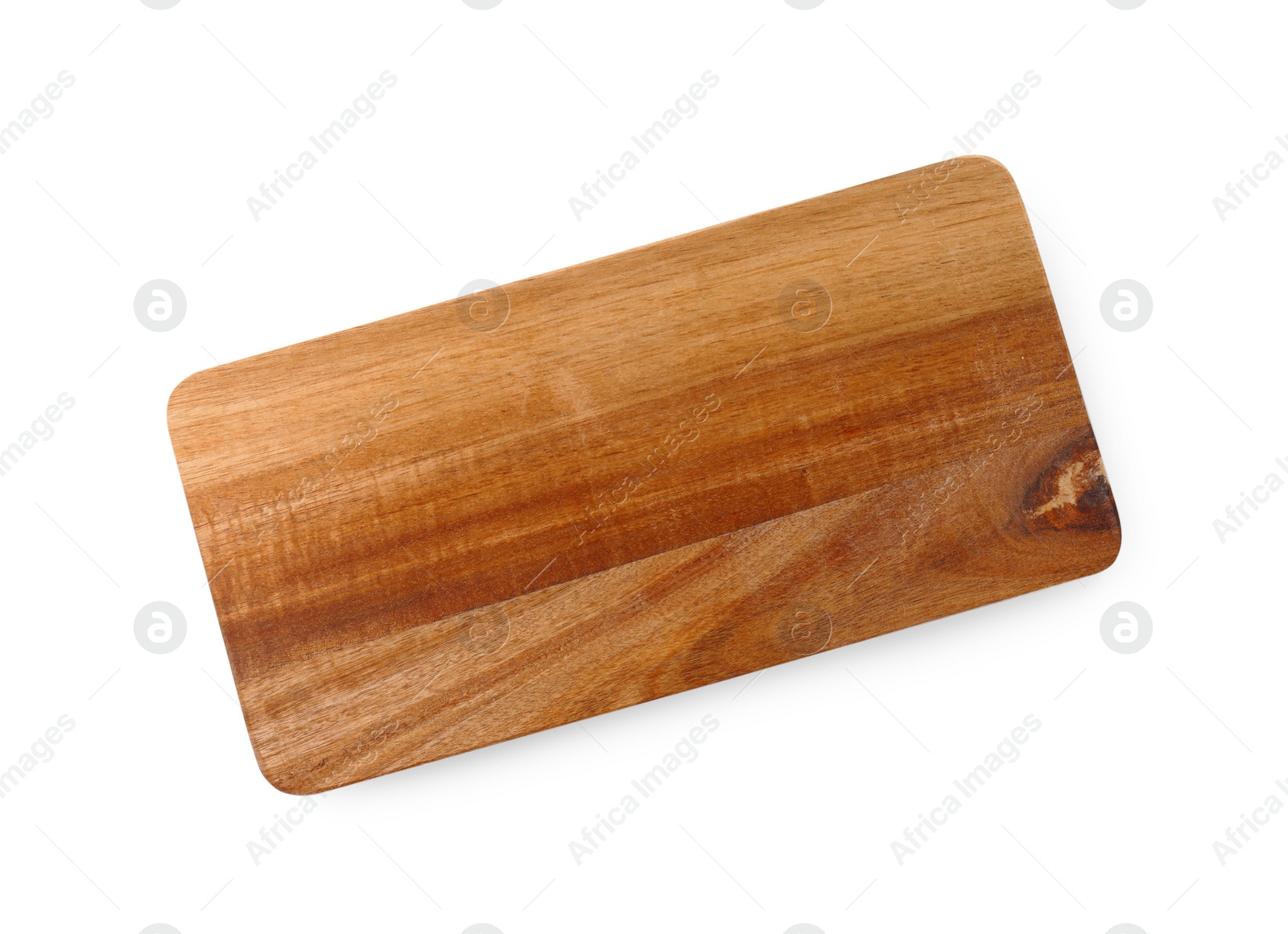 Photo of One wooden cutting board isolated on white, top view