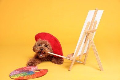 Cute Maltipoo in red beret holding brush near easel with canvas and palette on orange background. Dog artist