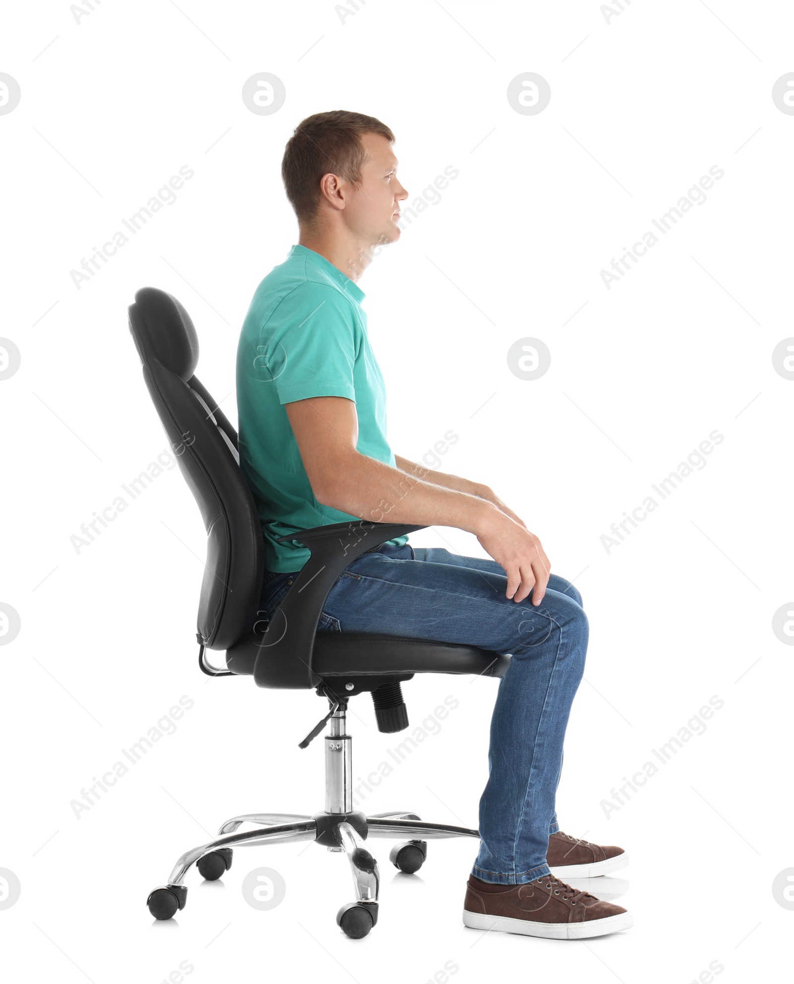 Photo of Man sitting in office chair on white background. Posture concept