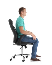 Photo of Man sitting in office chair on white background. Posture concept