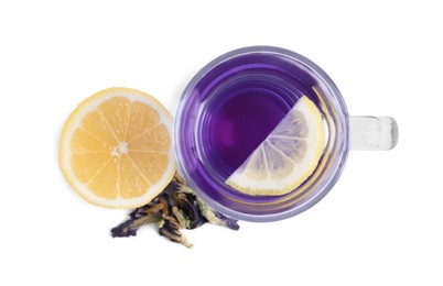 Glass cup of organic blue Anchan with lemon on white background, top view. Herbal tea
