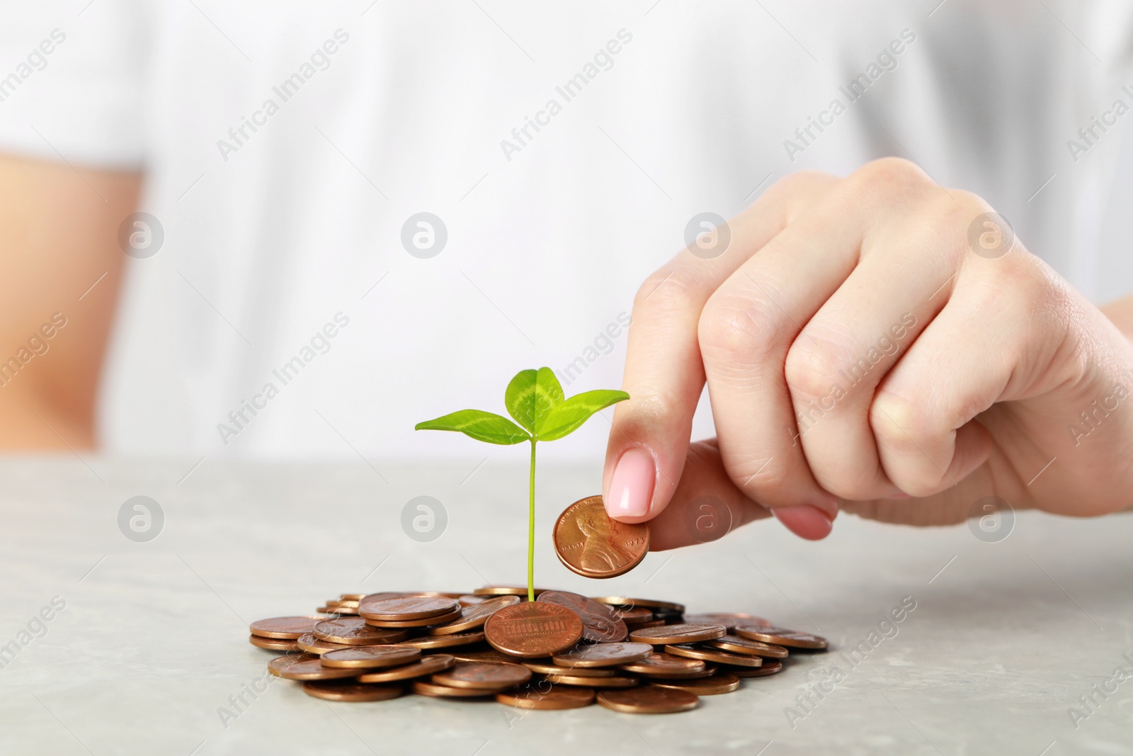Photo of Woman putting coin onto pile with green sprout at grey table, closeup. Investment concept