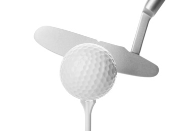 Photo of Hitting golf ball on tee with club against white background