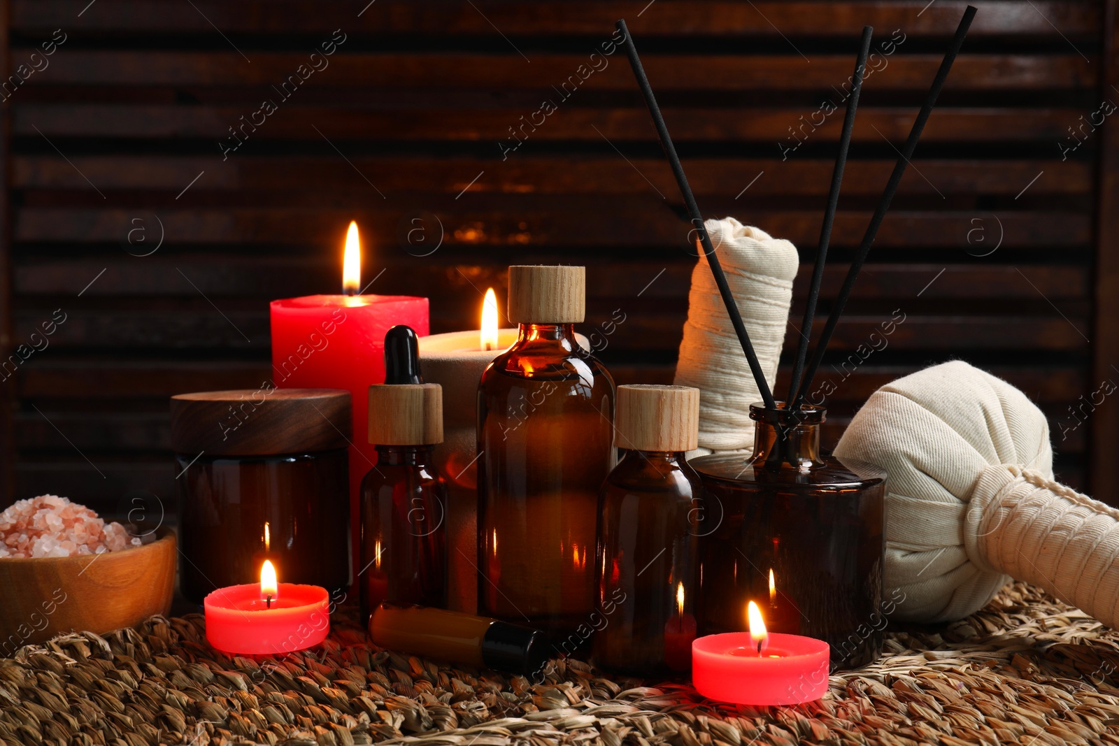 Photo of Different aromatherapy products and supplies on table