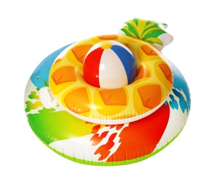 Photo of Different bright inflatable rings with beach ball on white background. Summer holidays