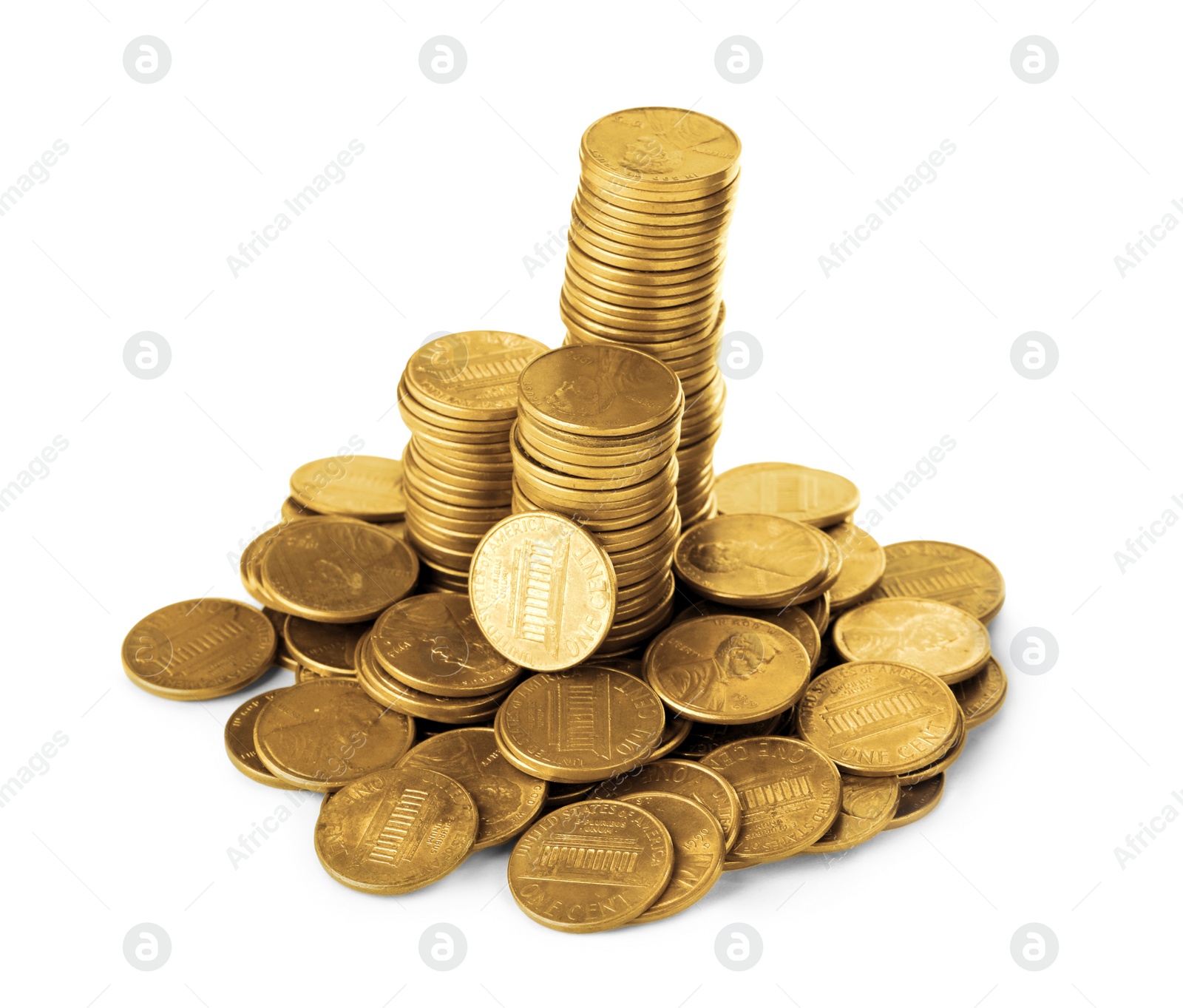 Photo of Many different American coins on white background