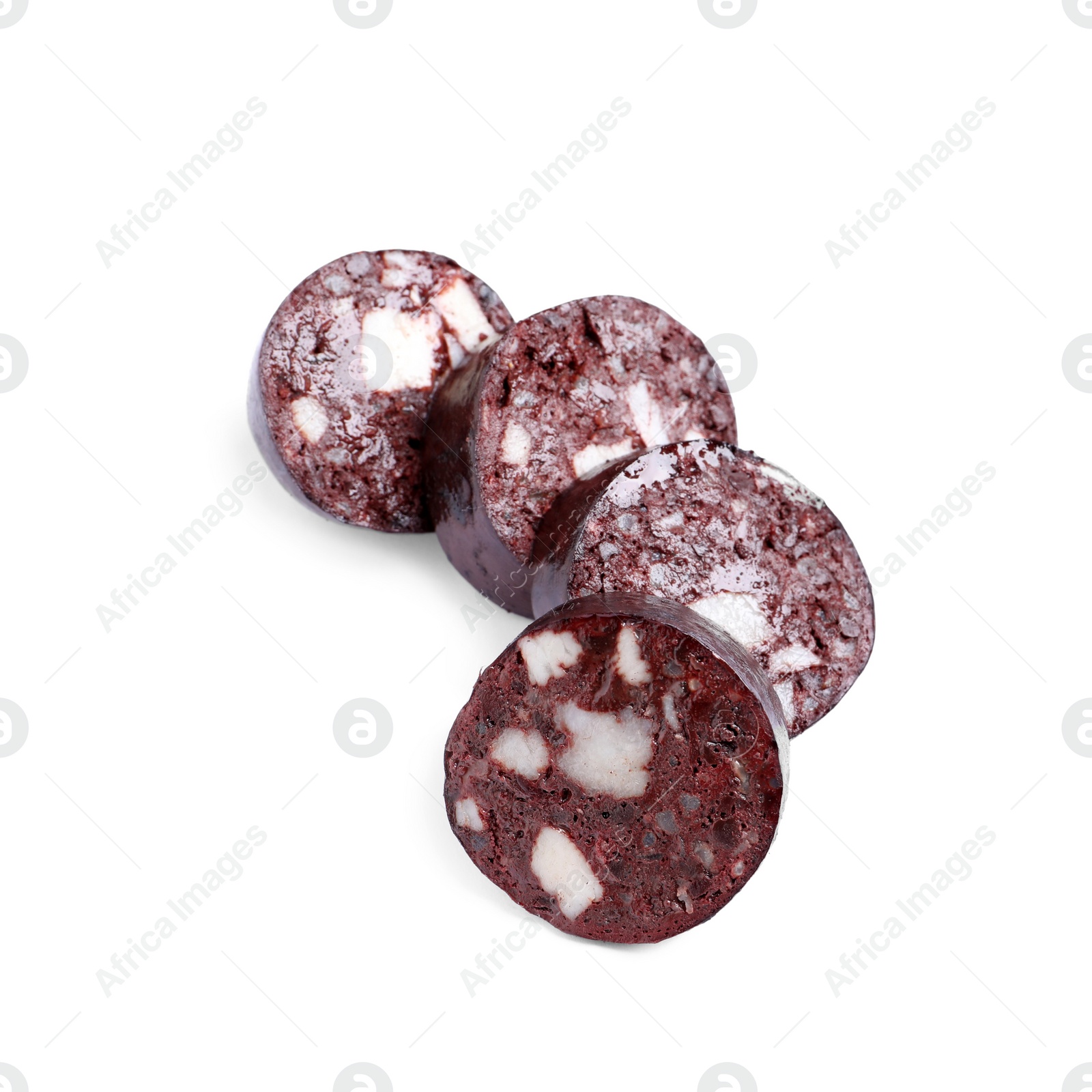 Photo of Slices of tasty blood sausage on white background, top view