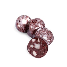 Photo of Slices of tasty blood sausage on white background, top view