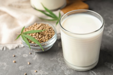 Composition with glass of hemp milk on grey table, closeup. Space for text