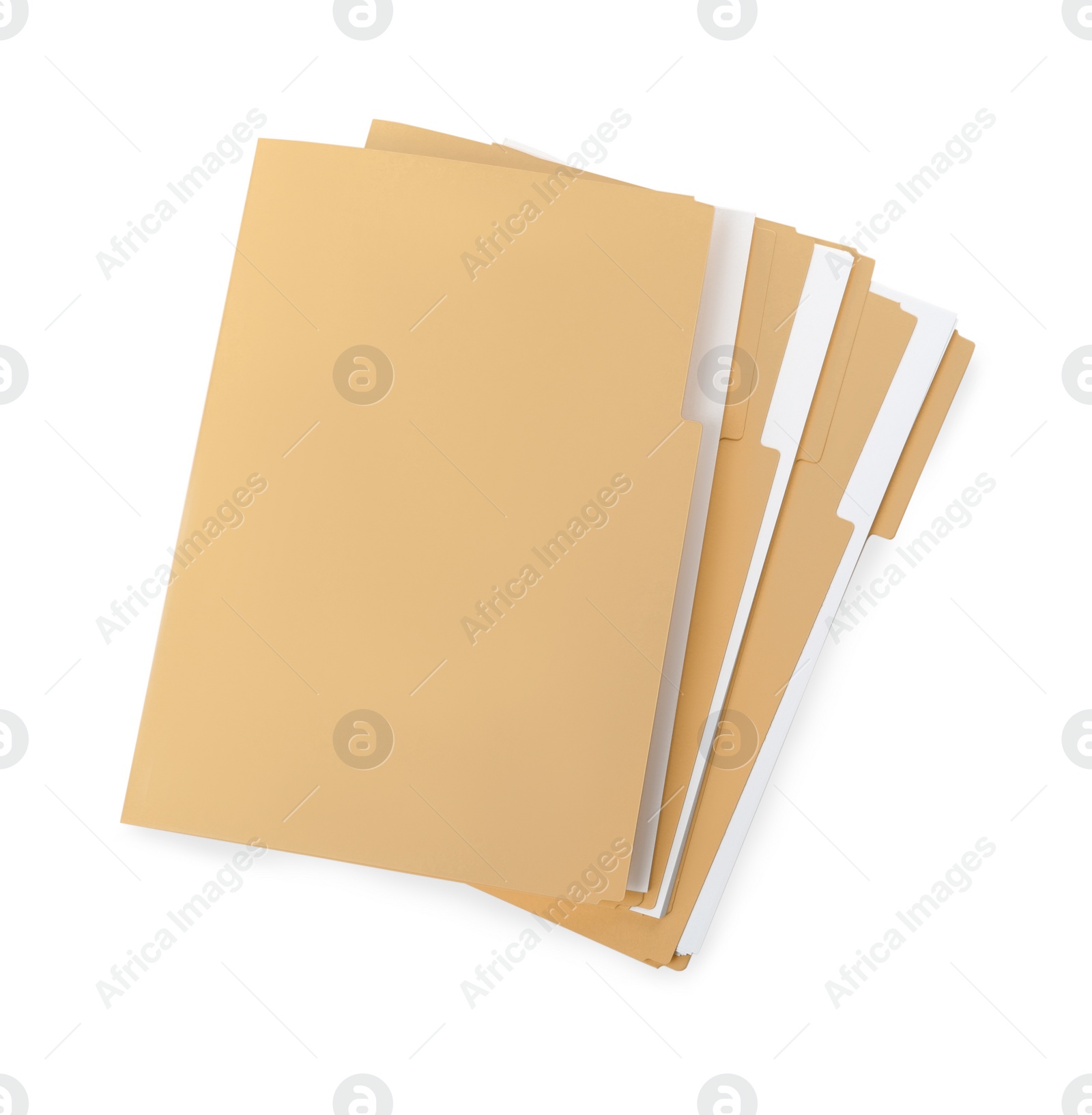 Photo of Stack of yellow files with documents on white background, top view