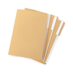 Stack of yellow files with documents on white background, top view