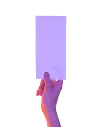 Man holding flyer on white background, closeup and space for text. Color tone effect