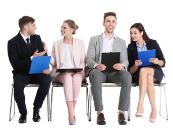 Group of people waiting for job interview on white background