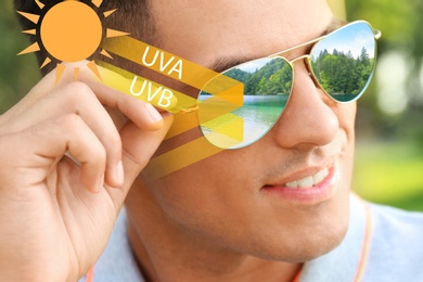 Man wearing sunglasses outdoors, closeup. UVA and UVB rays reflected by lenses, illustration