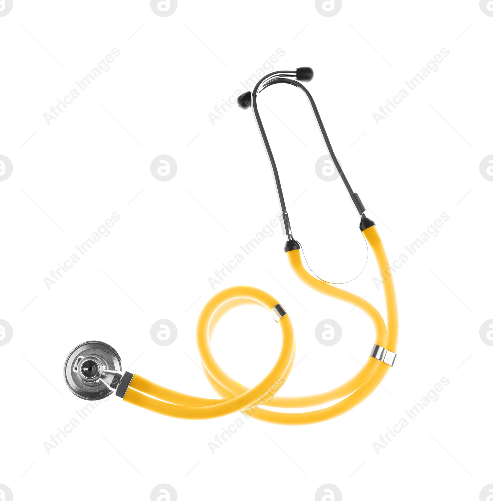 Photo of Stethoscope on white background, top view. Medical device