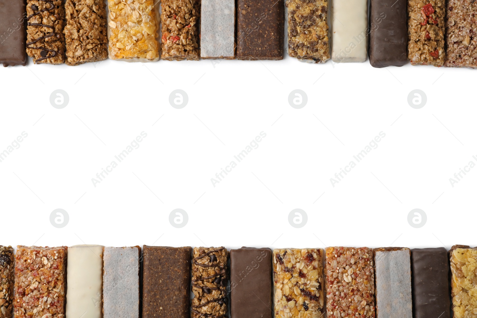 Photo of Flat lay composition with protein bars on white background. Space for text