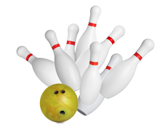 Image of Bowling pins and ball on white background