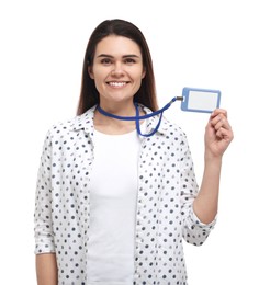 Happy woman with vip pass badge on white background