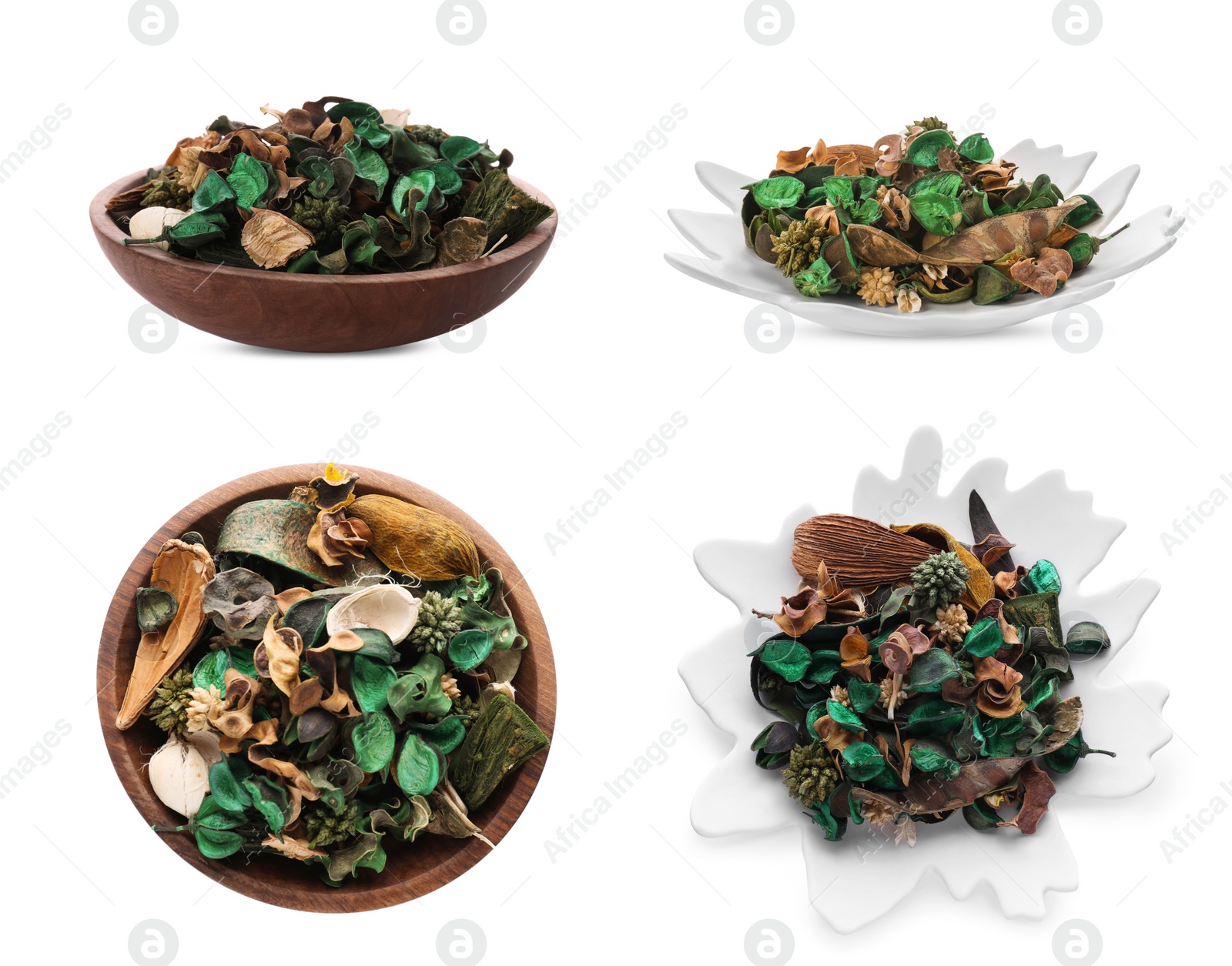 Image of Set of bowls with scented with potpourri on white background