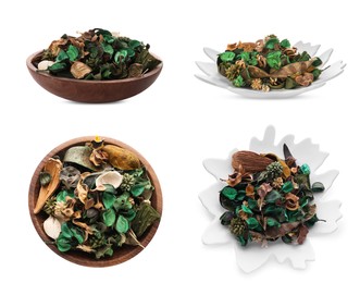 Image of Set of bowls with scented with potpourri on white background