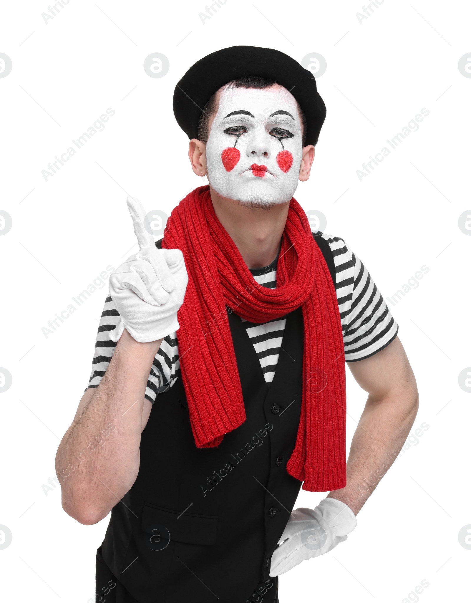 Photo of Funny mime artist gesturing on white background