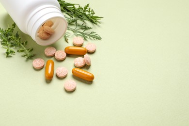Different pills and herbs on light green background, space for text. Dietary supplements