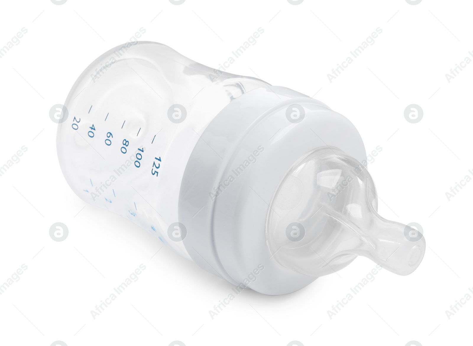 Photo of Empty feeding bottle for infant formula isolated on white