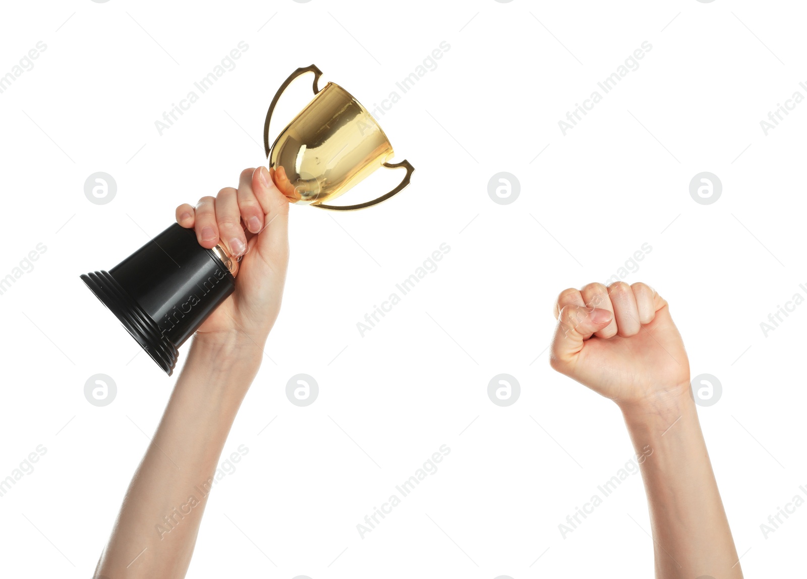 Photo of Young woman holding gold trophy cup on white background, closeup