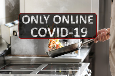 Chef cooking tasty food on stove in restaurant. Online delivery service