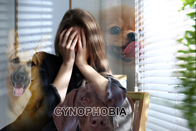 Cynophobia concept. Double exposure of scared young woman and dogs