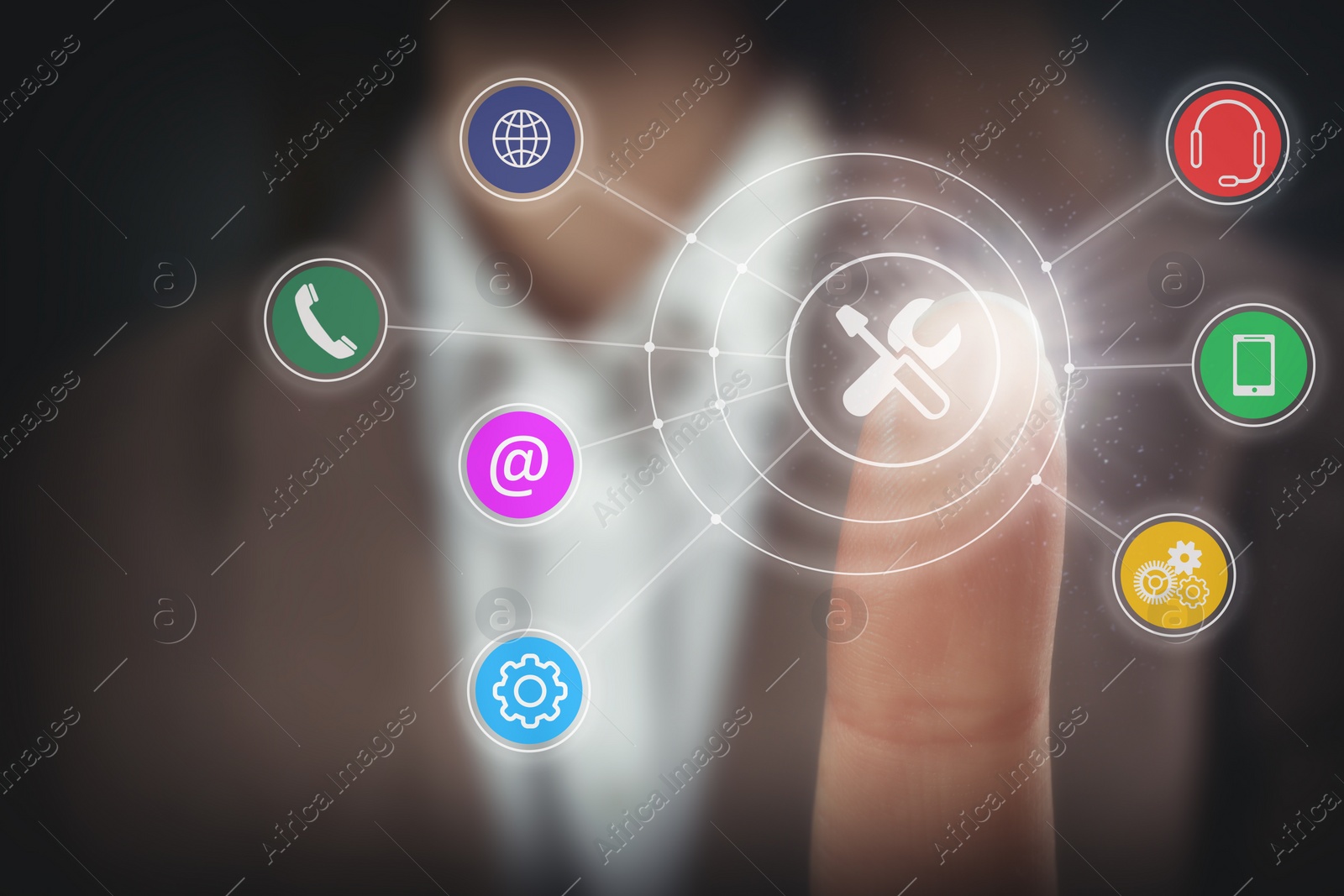 Image of Businesswoman touching icon on virtual screen, closeup. Technical support