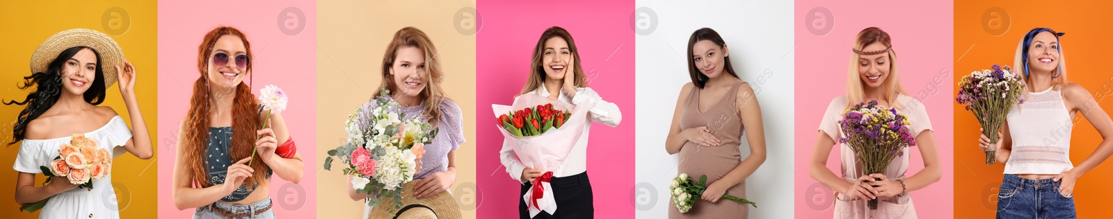 Image of 8 March - Happy Women's Day. Charming ladies with beautiful flowers on different colors backgrounds, collage