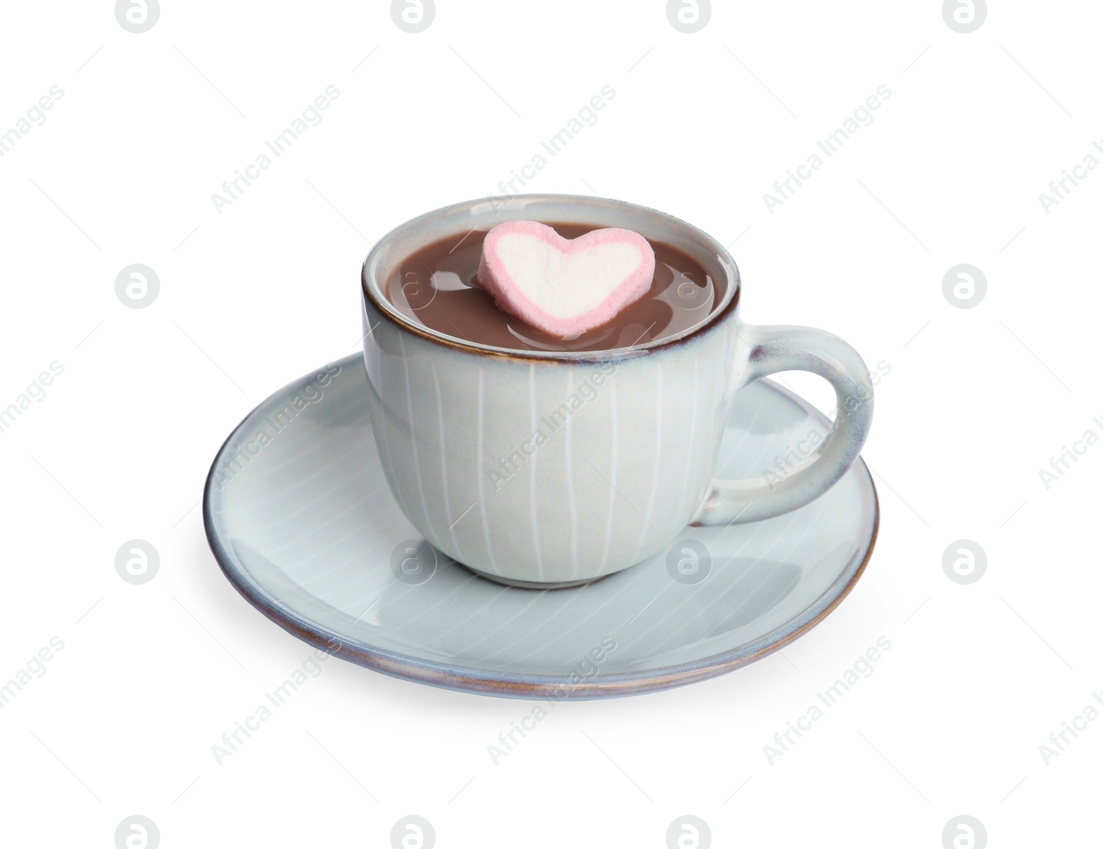 Photo of Cup of delicious hot chocolate with marshmallow isolated on white