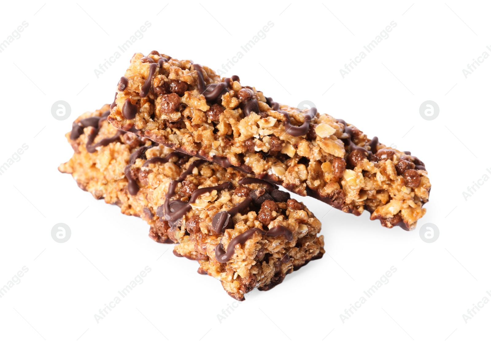 Image of Crunchy granola bars with chocolate on white background