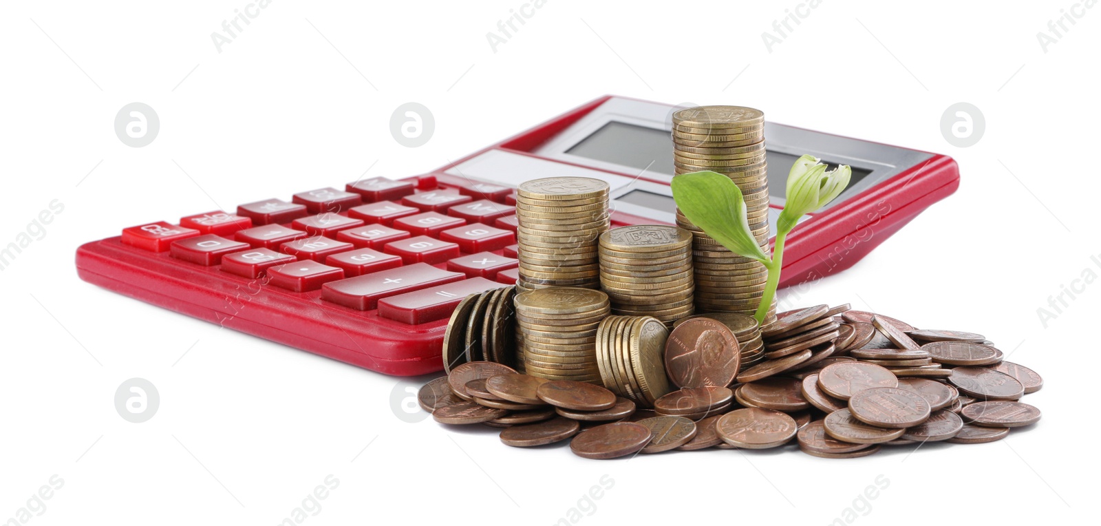 Photo of Stacks of coins with green plant and calculator on white background. Investment concept