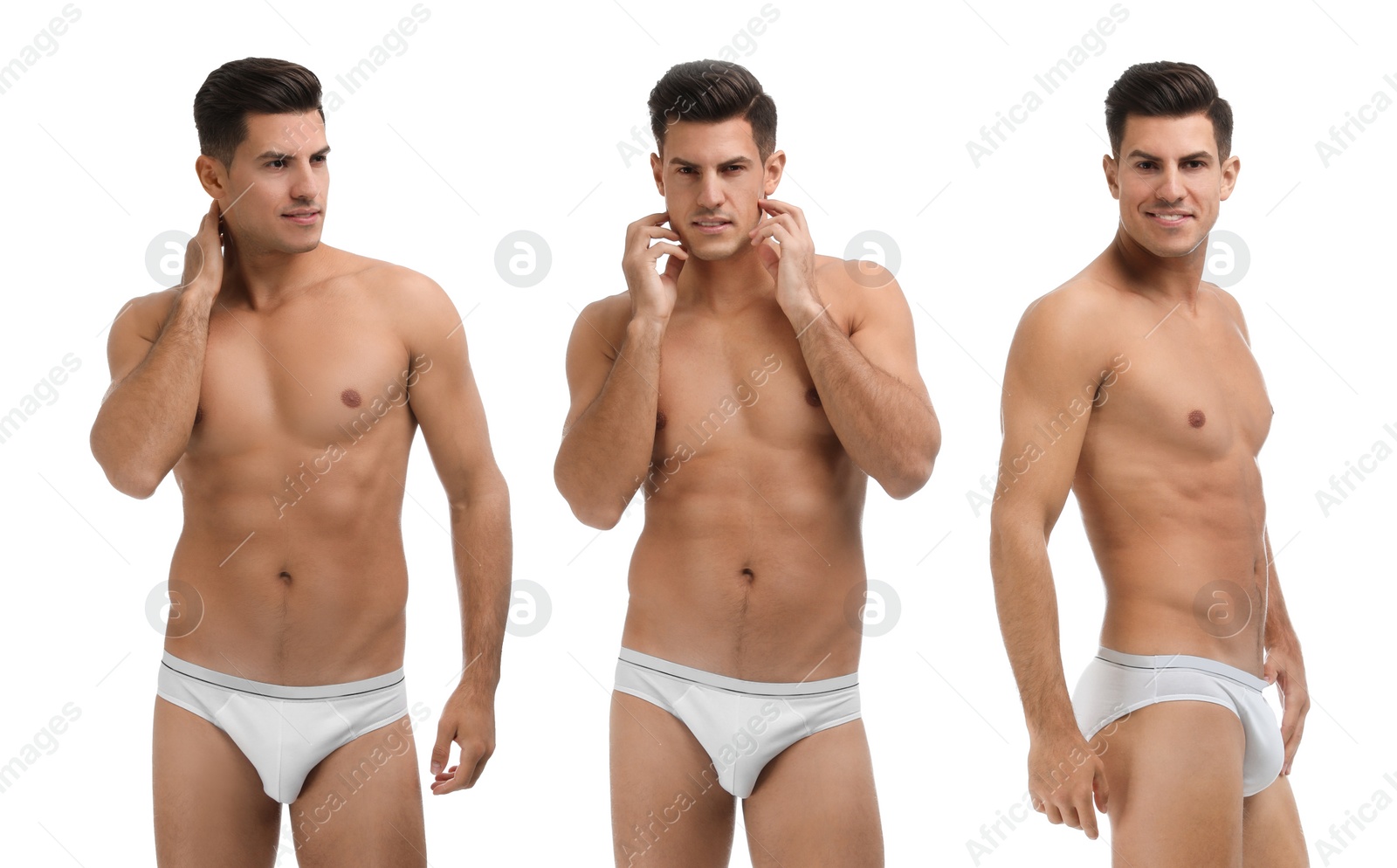 Image of Collage of man in underwear on white background