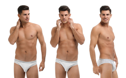 Collage of man in underwear on white background